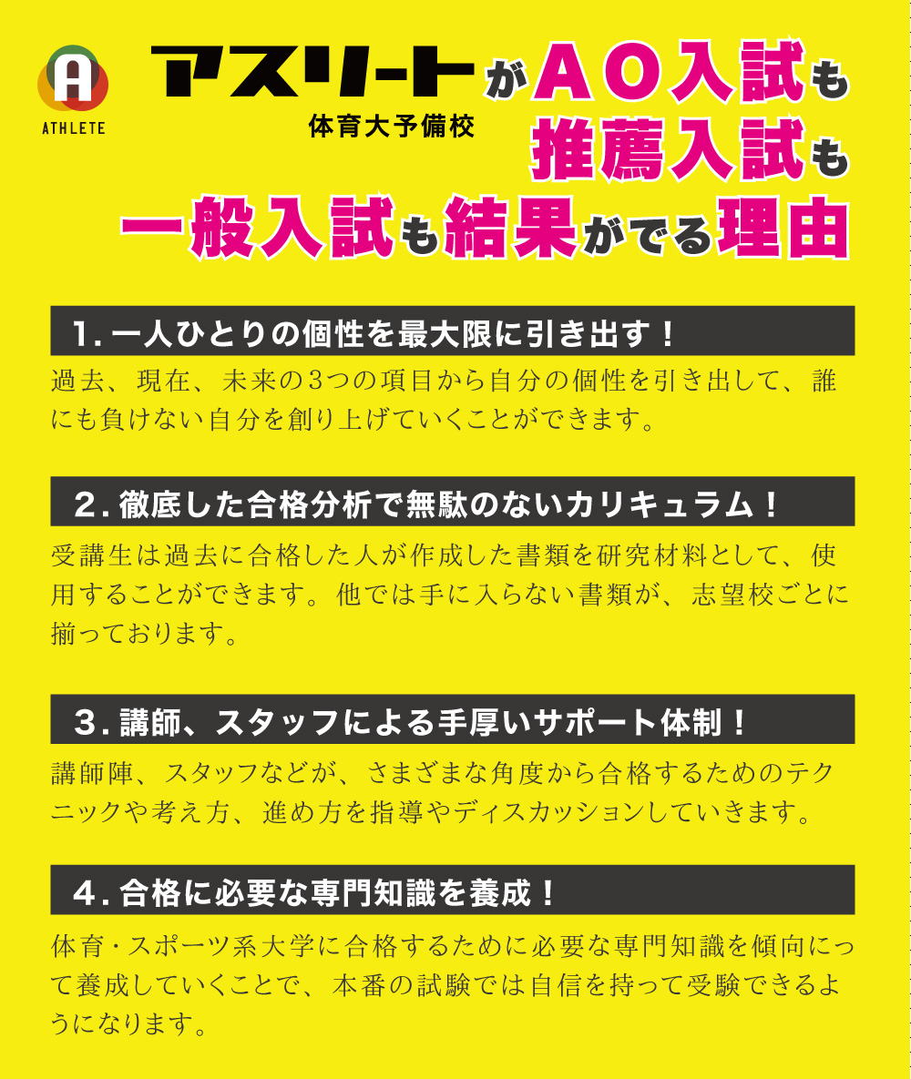 体育・スポーツ系大学のアスリート体育大予備校が総合型選抜入試・学校推薦型選抜入試・一般選抜入試も結果が出る理由