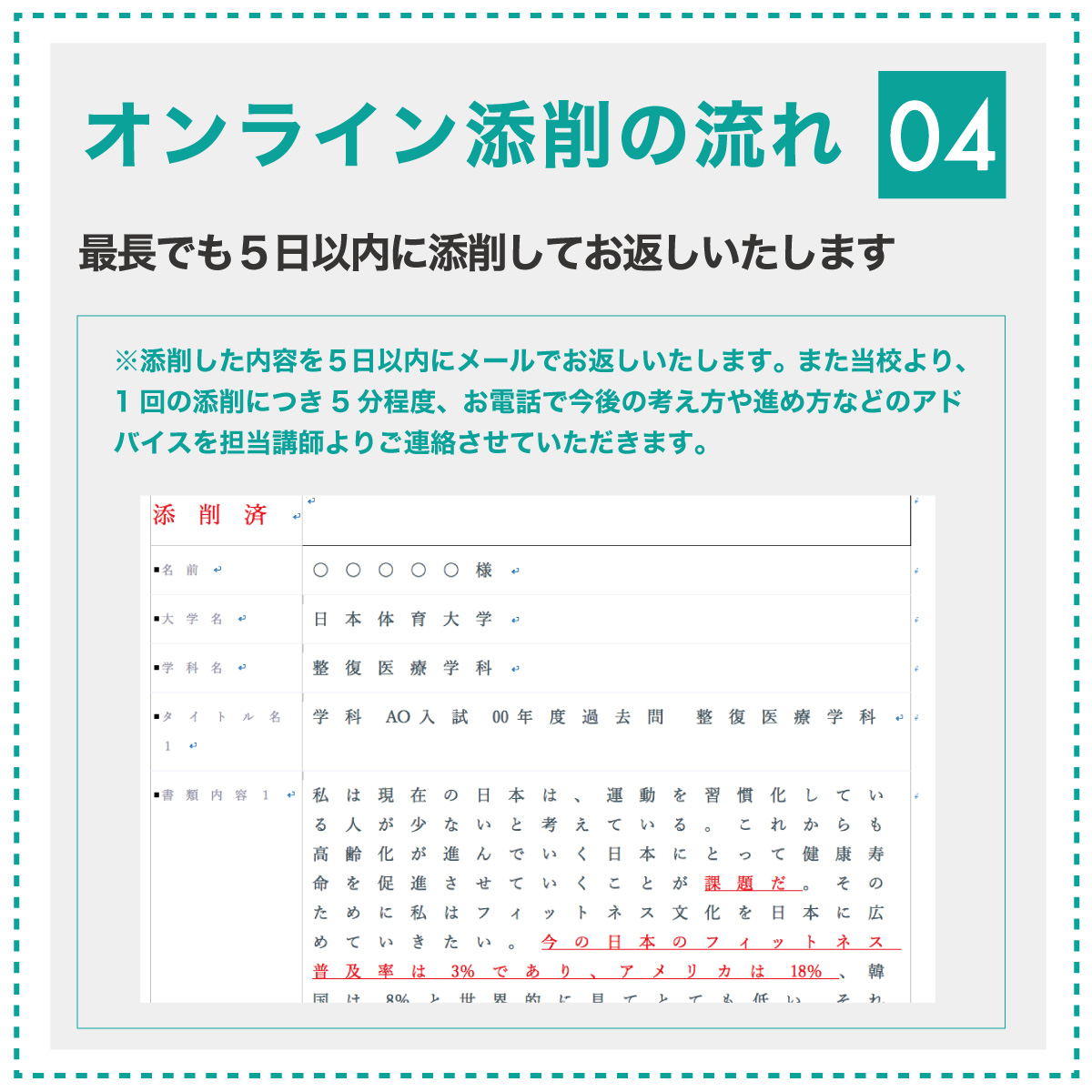 オンライン添削の流れ 最長でも5日以内に添削してお返しいたします。